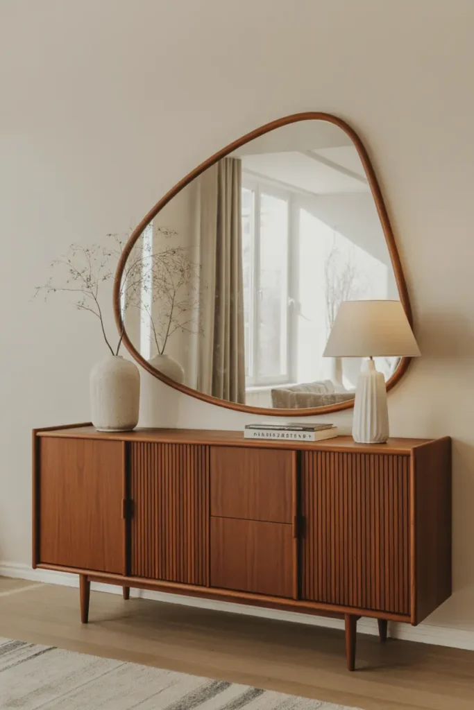 9. Organic Shaped Mirror with Thin Wooden Frame