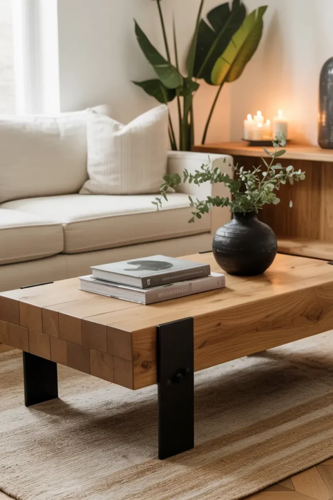 9. Rustic Wooden Coffee Table with Black Metal Legs