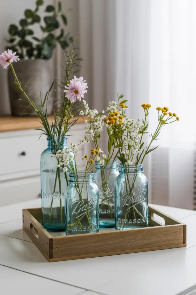9. Rustic Wooden Tray with Mason Jars and Florals