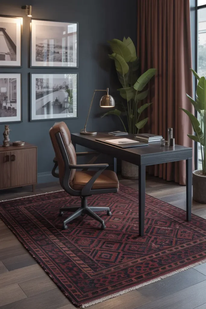 9. Statement Rug in Dark Tones for a Bold Foundation