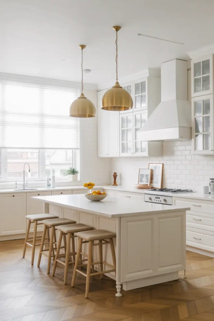 9. White Kitchen with Brass Pendant Lighting