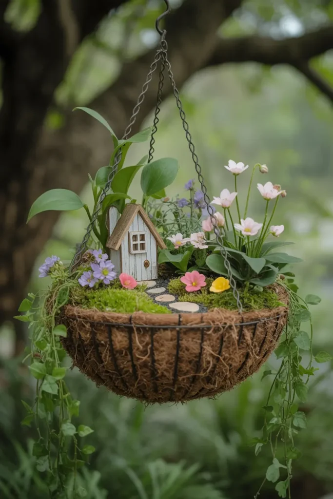 10. Hanging Basket Fairy Garden Designs