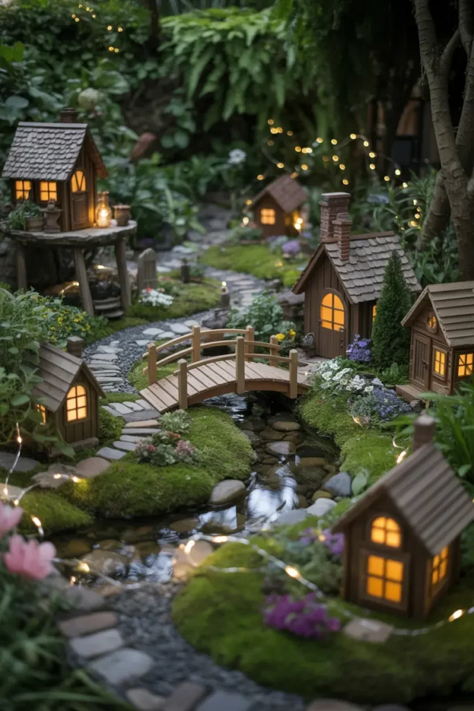 11. Whimsical Fairy Garden with Mini Bridges and Pathways
