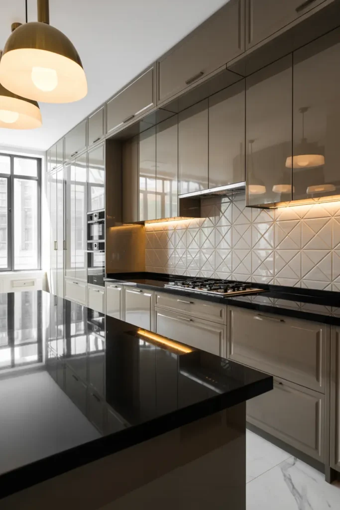 12. Black Quartz Countertops with Geometric Backsplash