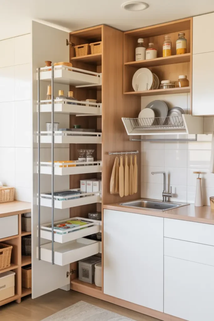 13. Mini Kitchen with Vertical Storage Solutions