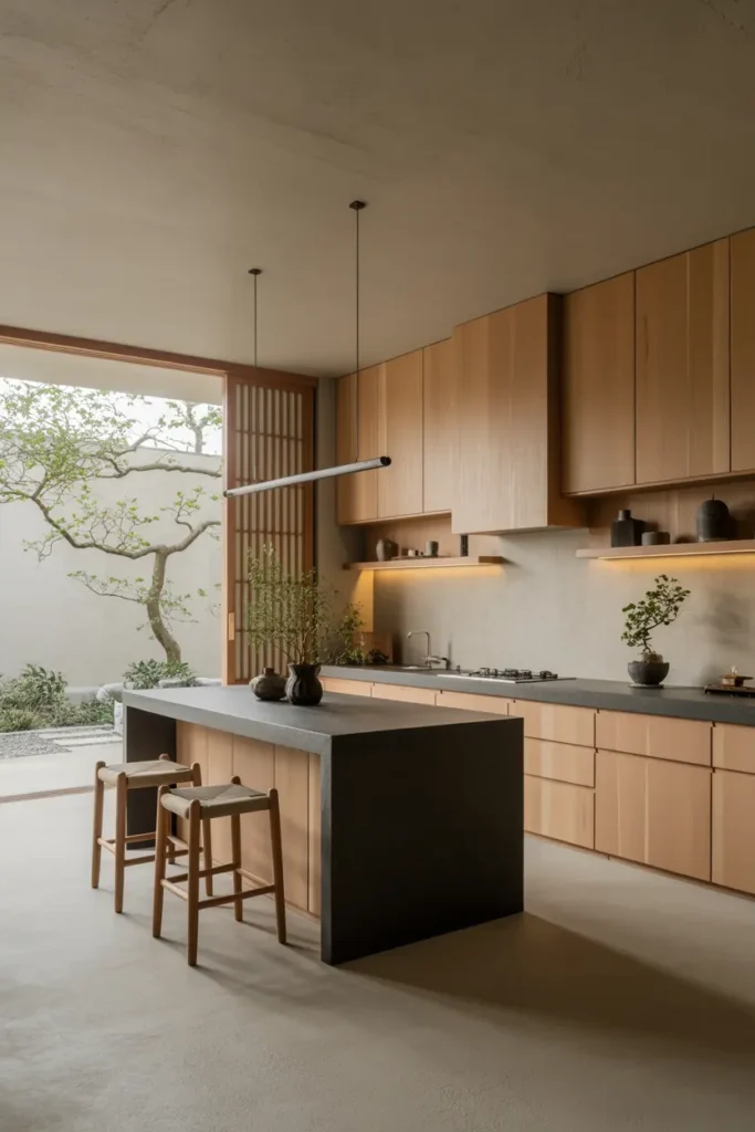 14. Japanese Minimalist Kitchen with Black Worktops