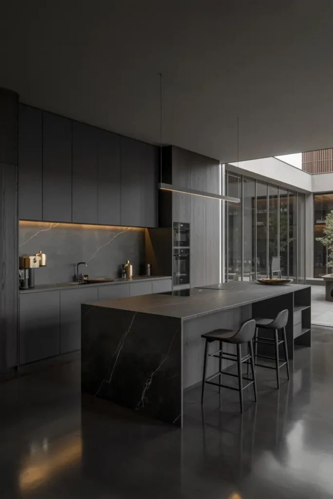 15. Charcoal and Black Minimalist Kitchen Design