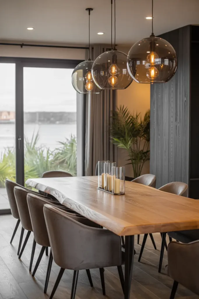 16. Luxurious Dining Room with Marble Elegance and Statement Staircase