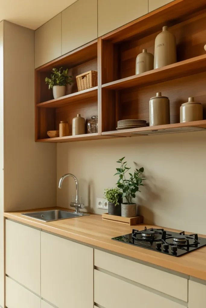 2. Space Saving Mini Kitchen with Open Shelving