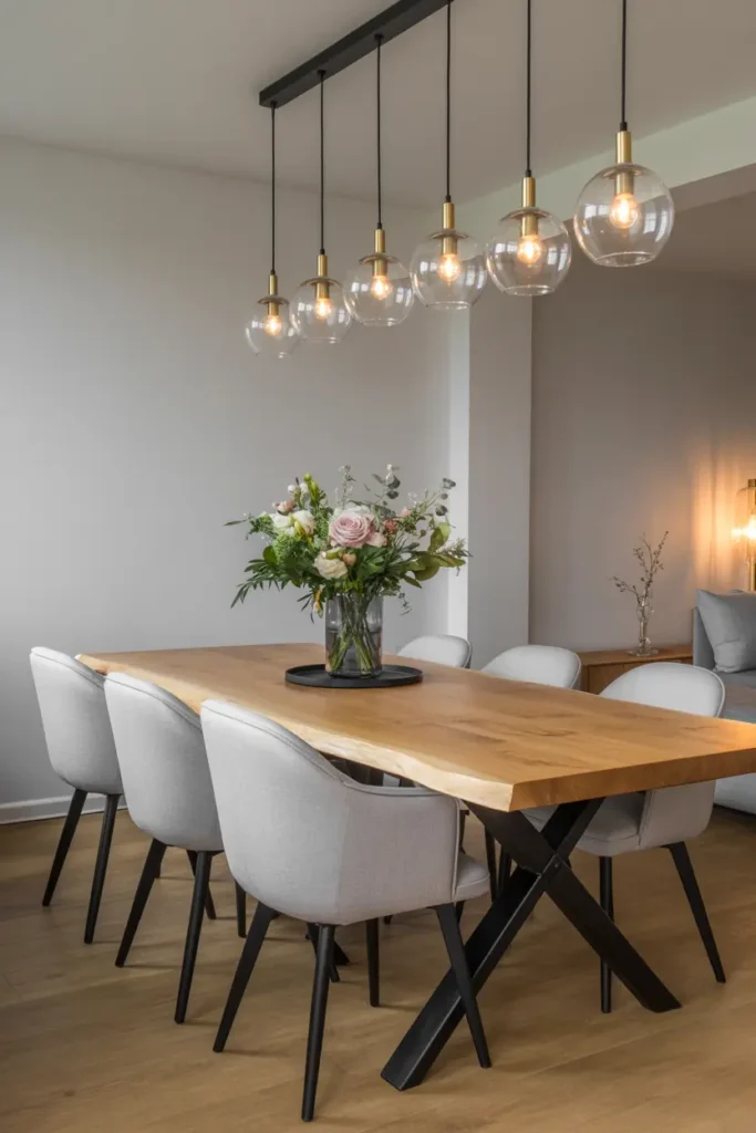 21. Elegant Dining Space with Marble Accents and Grand Staircase
