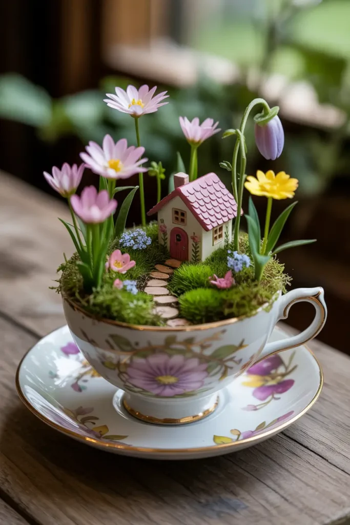 3. Whimsical Fairy Garden in a Teacup Planter