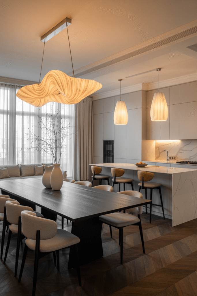 5. Statement Lighting Over Dining or Island Area
