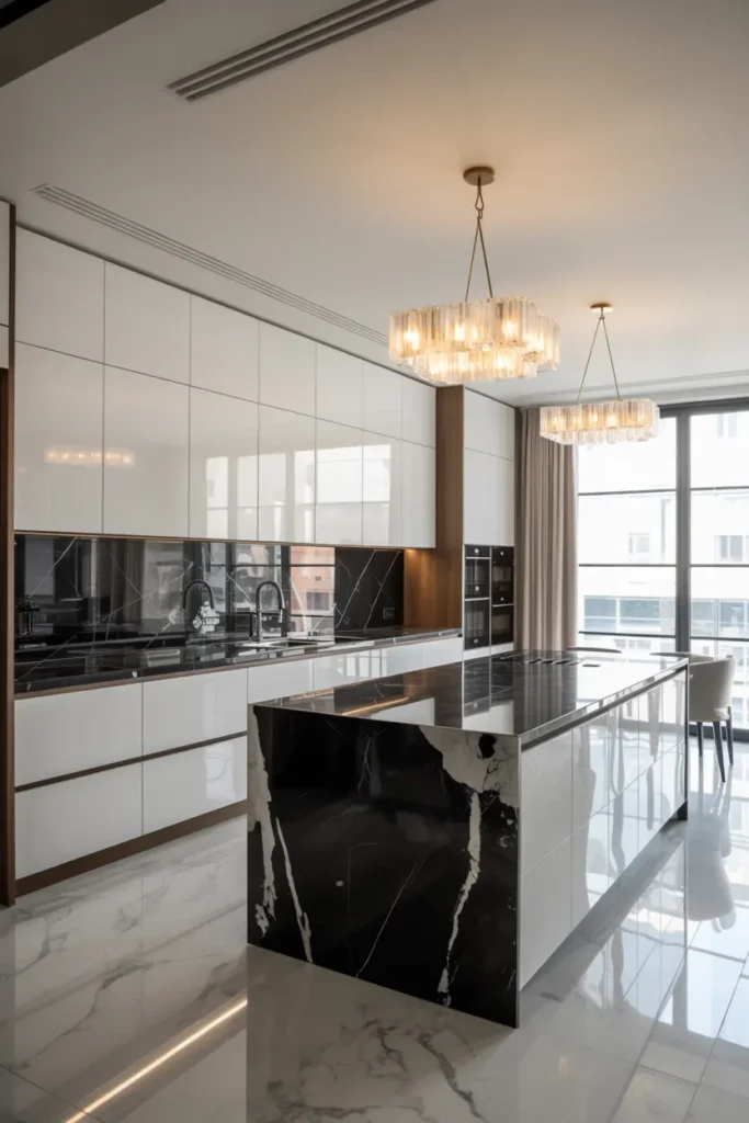 5. White Cabinets with Black Marble Countertops