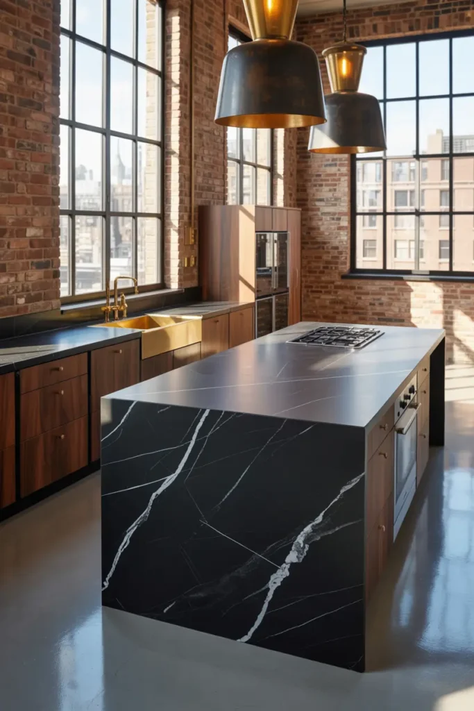 6. Industrial Kitchen with Black Worktops and Brick Walls