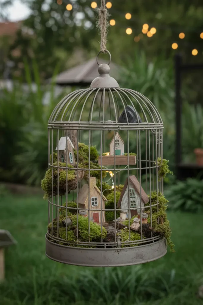 6. Whimsical Fairy Garden Using Birdcages