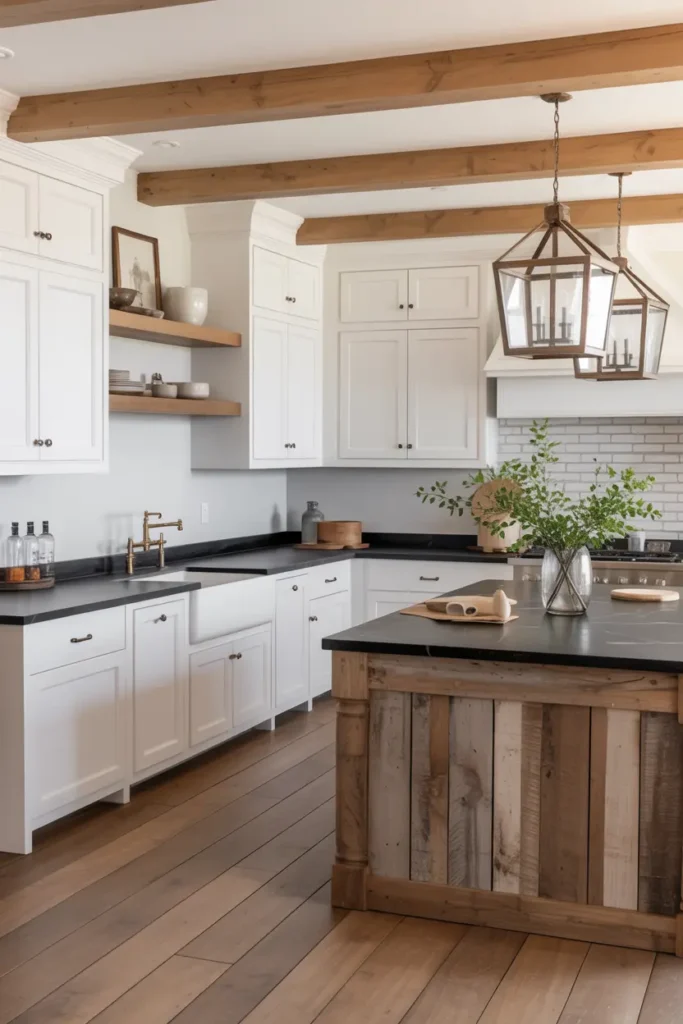 7. Modern Farmhouse Kitchen with Black Countertops