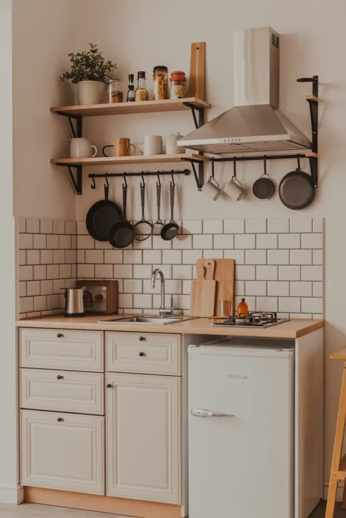 8. Mini Kitchen with Wall Mounted Racks and Hooks