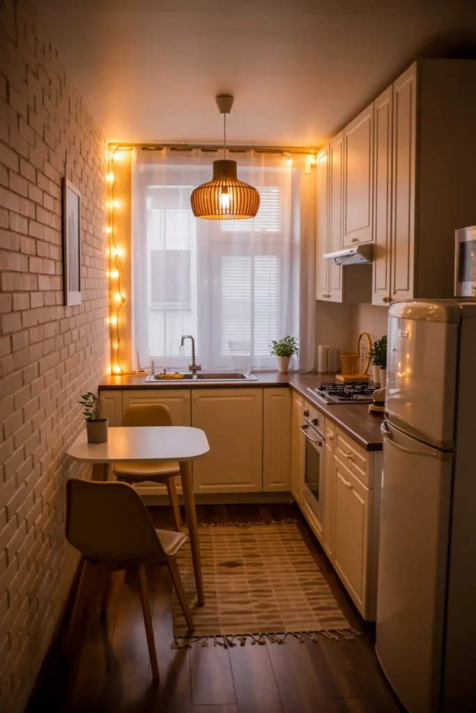 9. Cozy Mini Kitchen with Warm Lighting