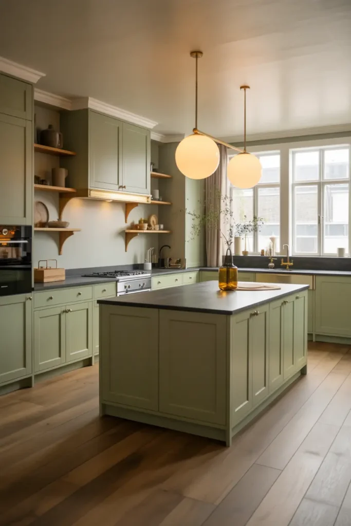 9. Sage Green Cabinets with Matte Black Worktops