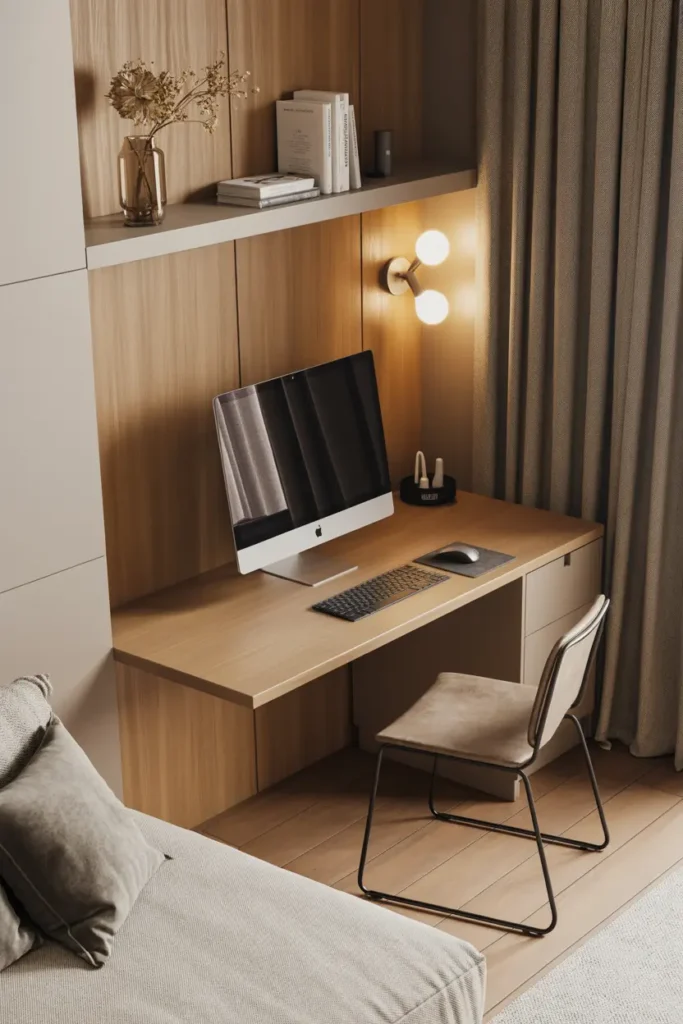 20 Cozy Workspace Corner Ideas for Calm & Neat Setup 1 1. Cozy Modern Home Office with Wooden Accents