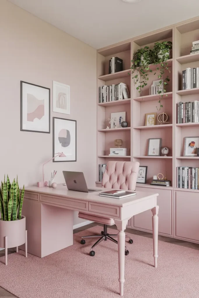 1. Cozy Pink Home Office with Bookshelf