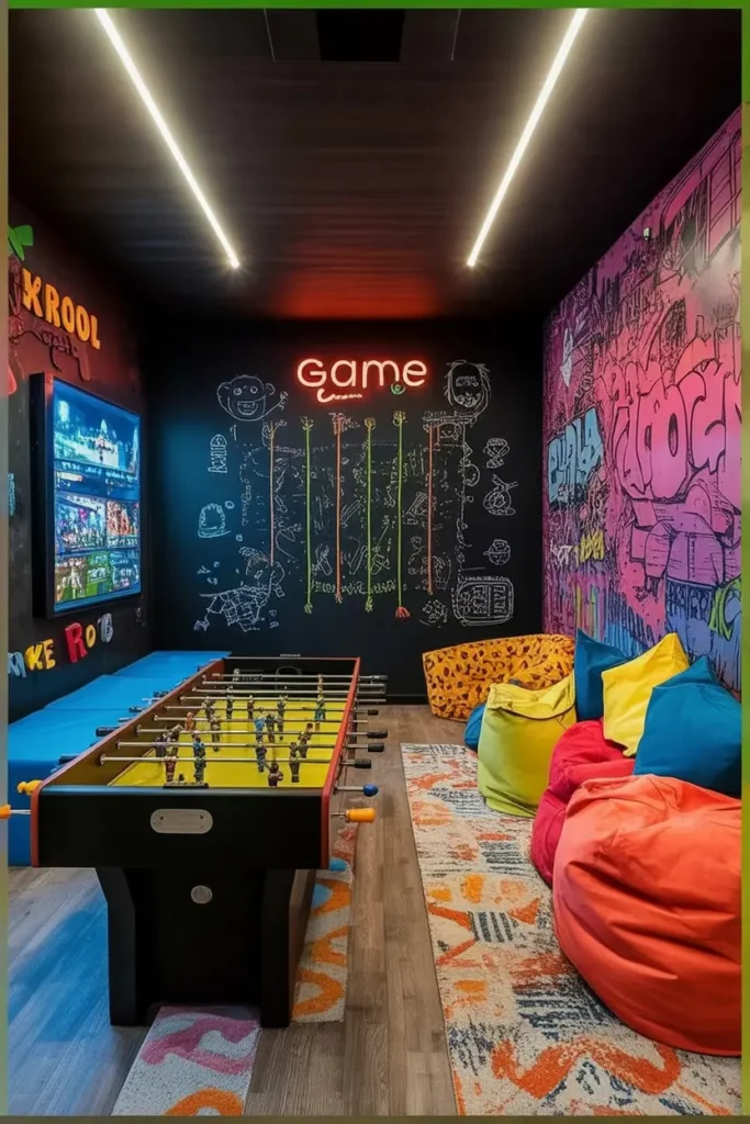 1. Vibrant Game Room with Foosball and Colorful Decor