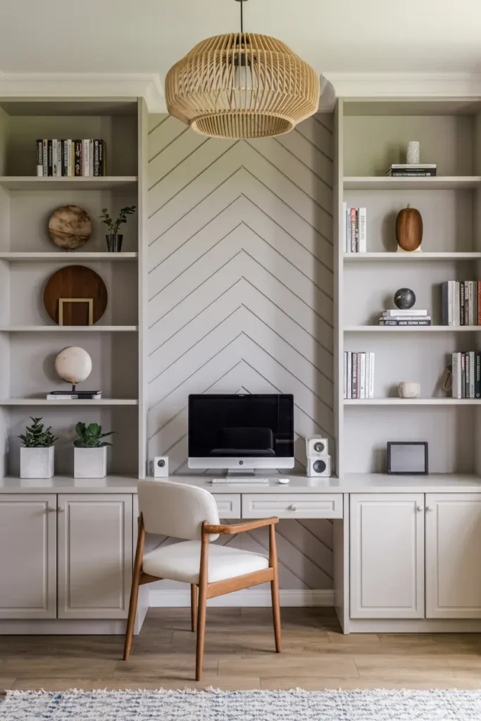 10. Modern Neutral Home Office with Chevron Wall