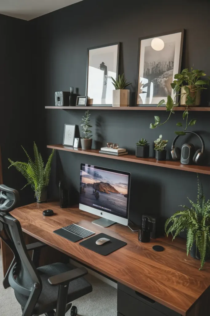 20 Cozy Workspace Corner Ideas for Calm & Neat Setup 19 10. Moody Dark Home Office with Greenery and Art