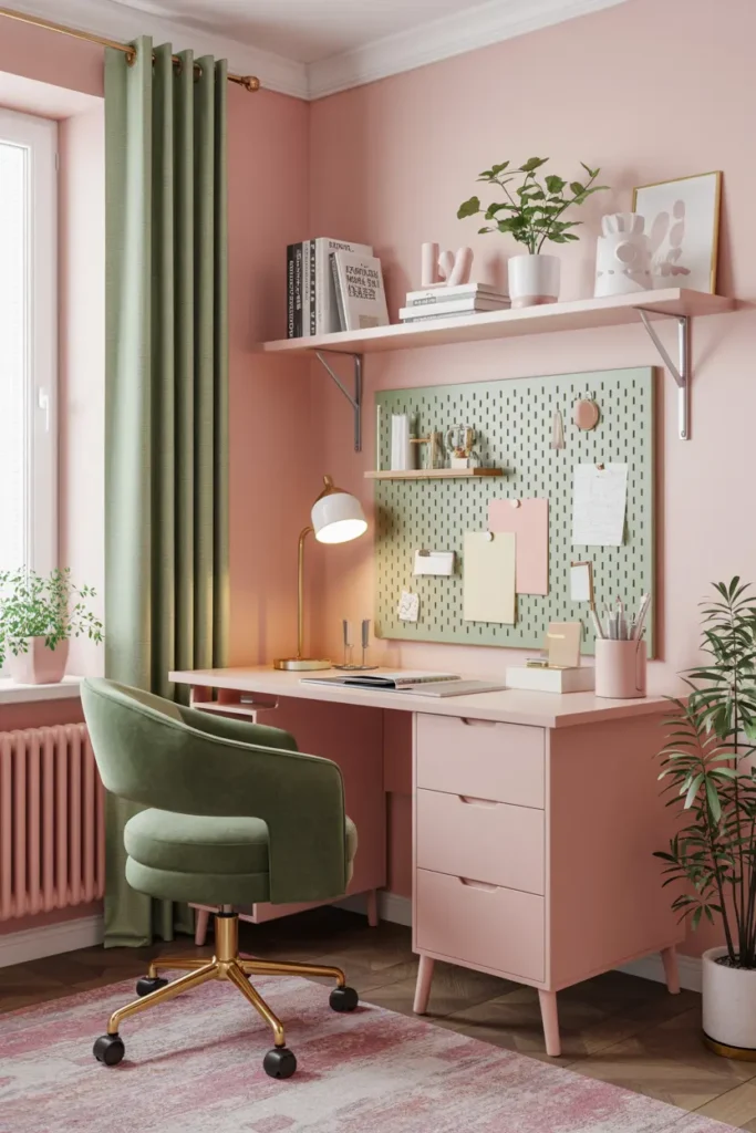 10. Pastel Pink Desk with Green Velvet Chair and Pegboard