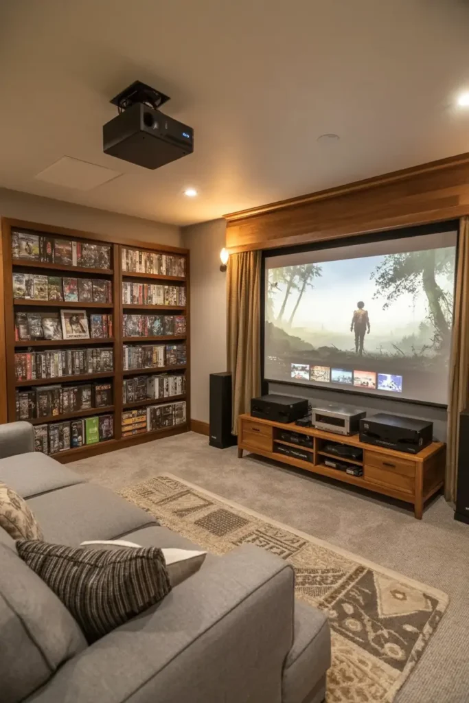 10. Rustic Home Theater with Projector and Shelves