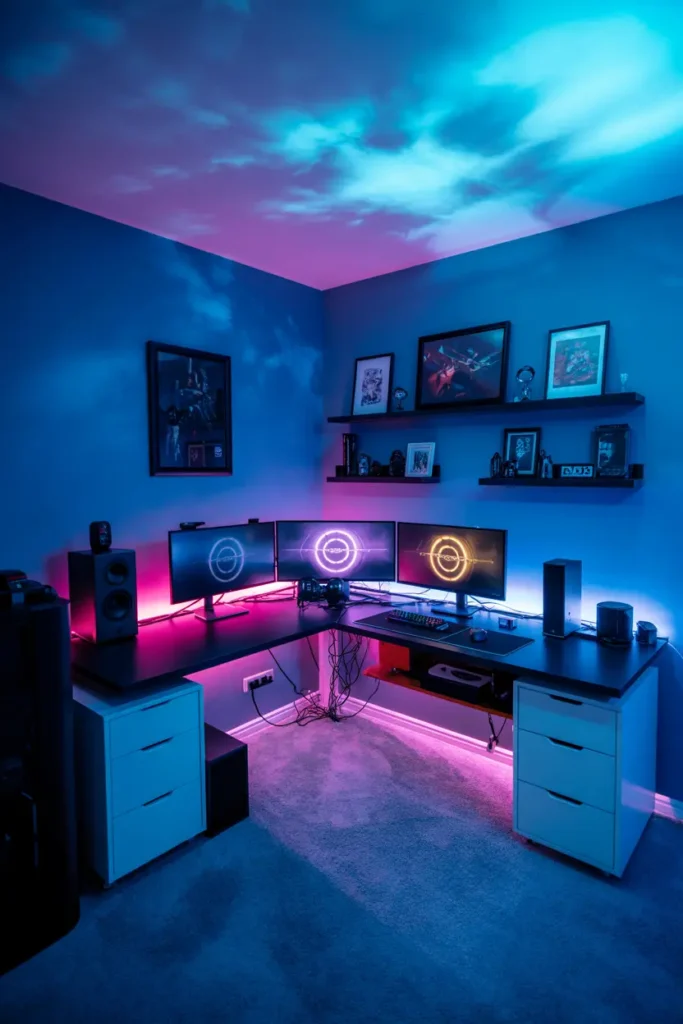 20 Modern Gaming Room Ideas for the Best Setup 19 10. Stunning Neon Gaming Room with Dual Monitors