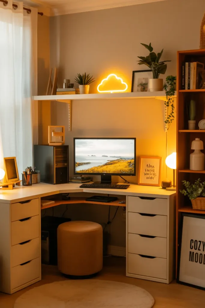 20 Modern Gaming Room Ideas for the Best Setup 29 11. Cozy Minimalist Home Office with Neon Cloud