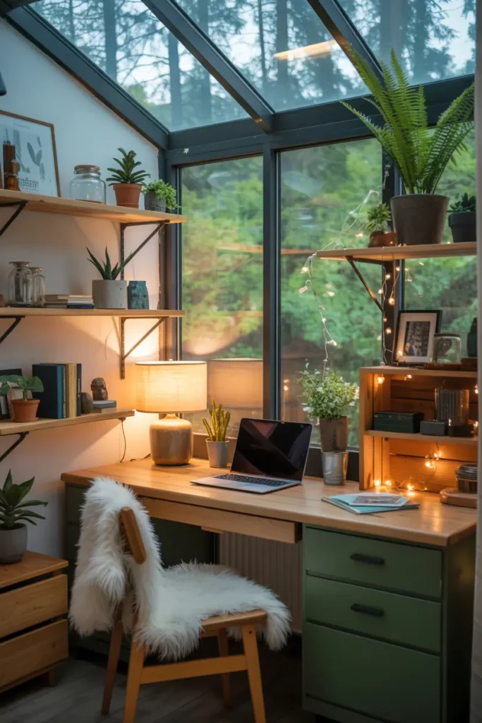 20 Cozy Workspace Corner Ideas for Calm & Neat Setup 29 11. Cozy Plant Filled Home Office with Forest View