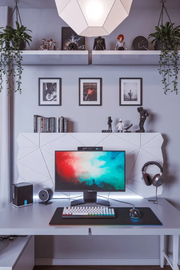 11. Modern Geometric Desk Setup with Plants and Figurines