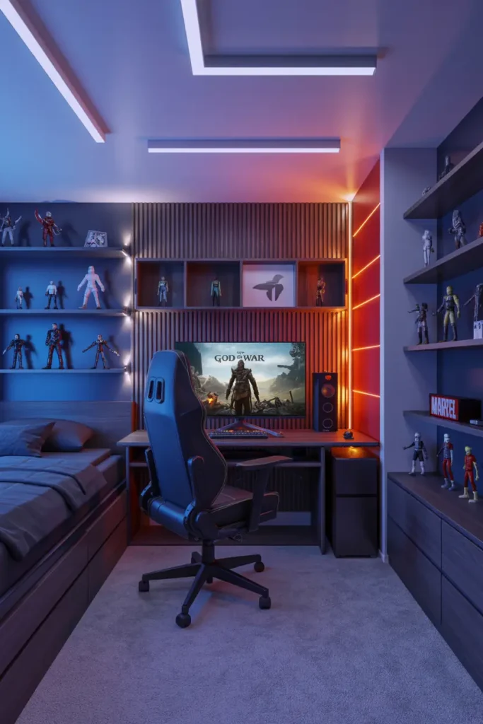 11. Vibrant Gaming Bedroom with Neon Accents