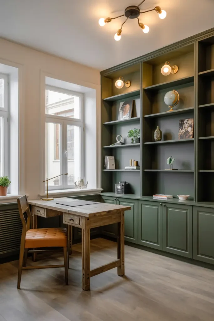 11. Vintage Green Shelved Home Office Workspace