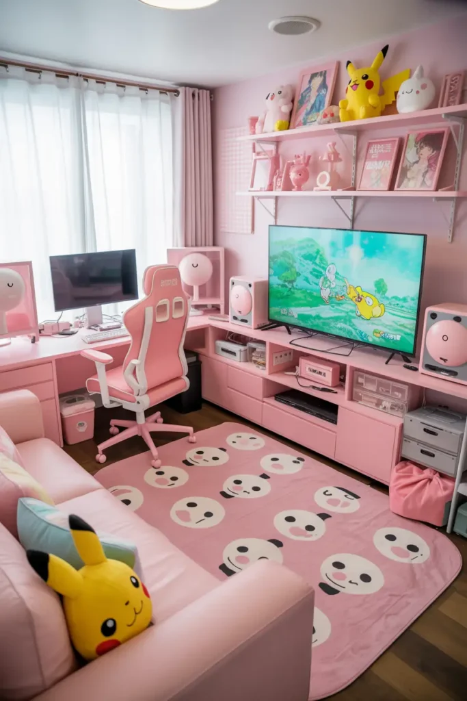 20 Modern Gaming Room Ideas for the Best Setup 31 12. Cute Pink Pokemon Gaming Room Decor