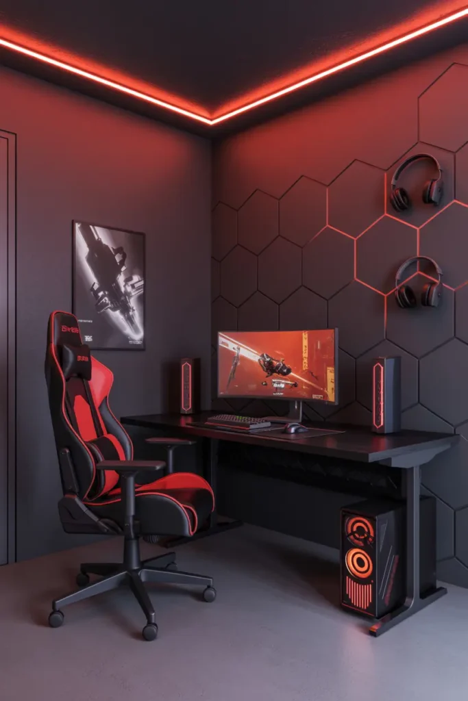 12. Futuristic Red Neon Gaming Desk Setup with Hexagons