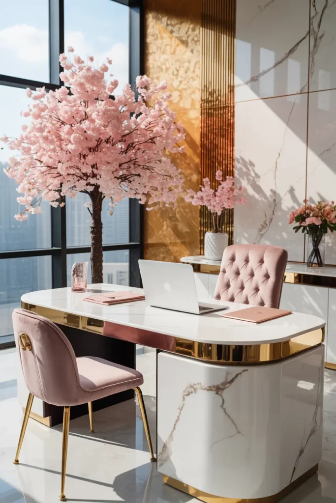 20 Cozy Workspace Corner Ideas for Calm & Neat Setup 31 12. Luxurious Pink Marble Home Office with Cherry Blossoms