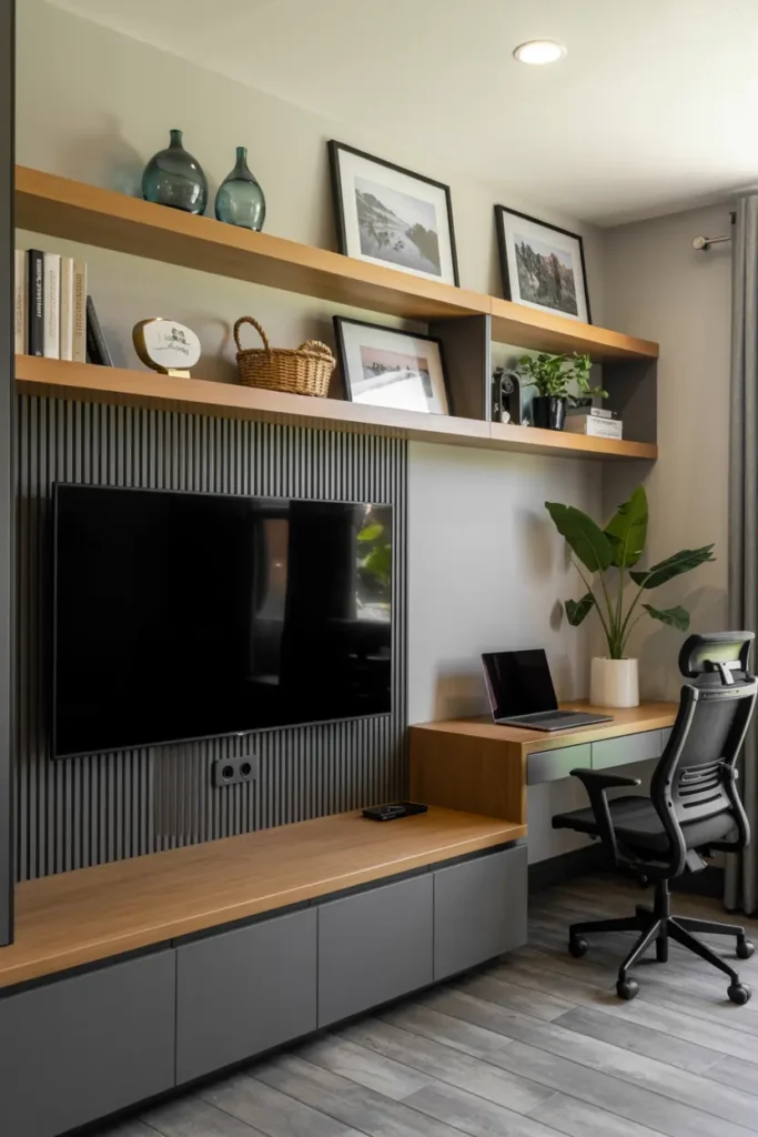 12. Modern Slatted Wall Home Office with TV