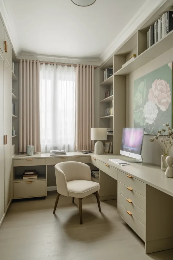 12. Neutral Home Office with Built in Shelves and Floral Mural