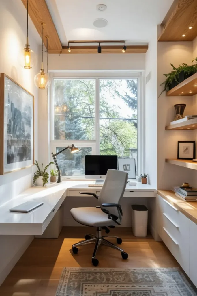 20 Cozy Workspace Corner Ideas for Calm & Neat Setup 33 13. Bright Minimalist Home Office with Window View