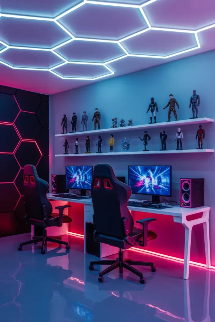 13. Futuristic Neon Dual Gaming Setup with Figurines