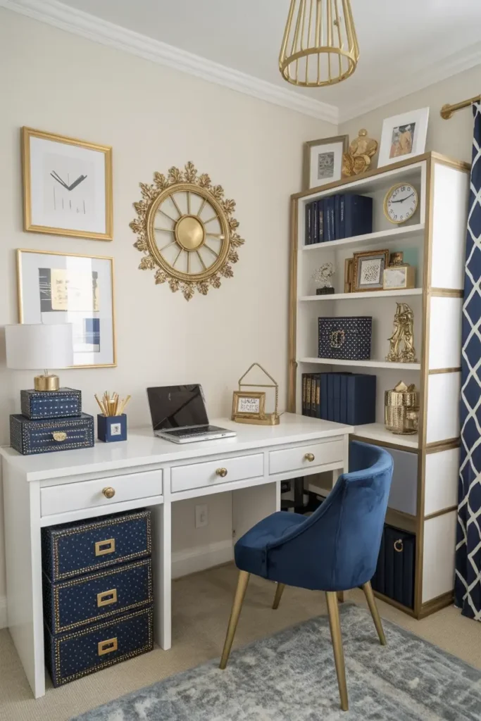 13. Luxurious Blue and Gold Home Office with Ornate Decor