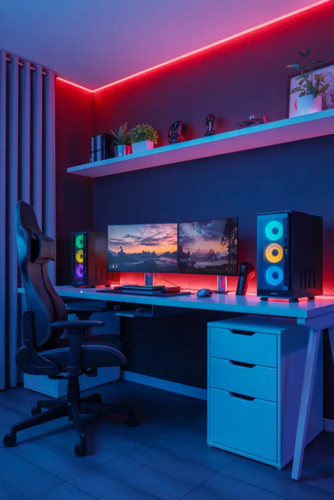 13. Stylish Gaming Setup with Neon Red Lighting