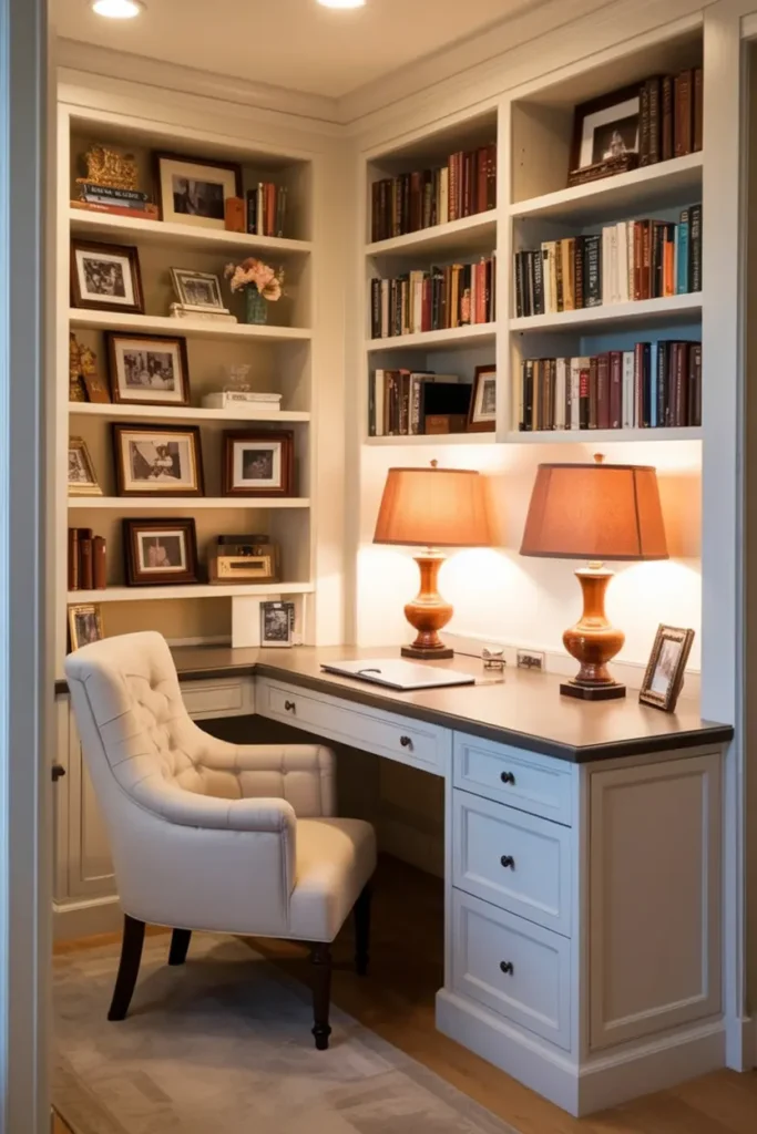 20 Cozy Workspace Corner Ideas for Calm & Neat Setup 35 14. Cozy Traditional Home Office Nook with Bookshelves
