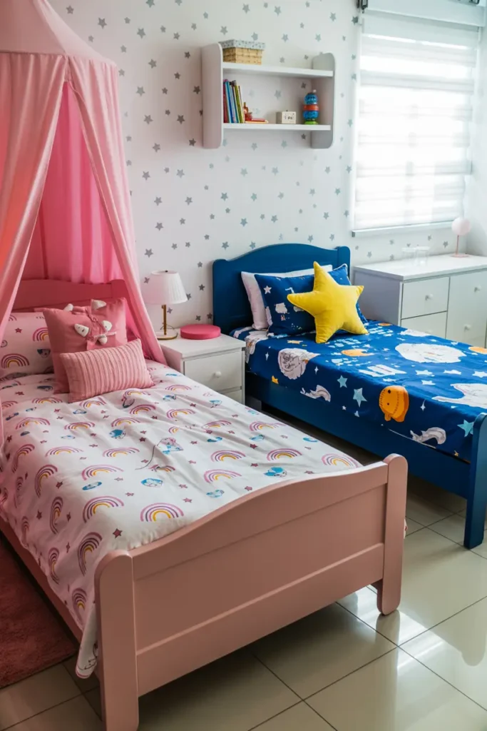 25 Magical Kids Bedroom Ideas for Fun and Cozy Spaces 35 14. Rainbow and Space Twin Bedroom