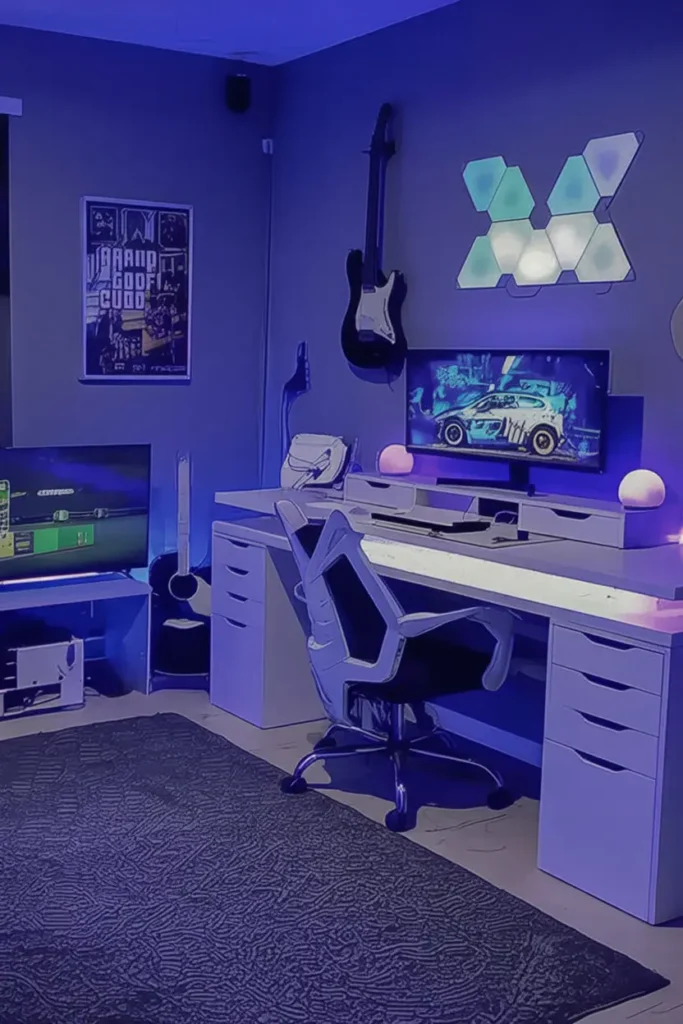 14. Vibrant Blue Neon Gaming Desk Setup with Guitar
