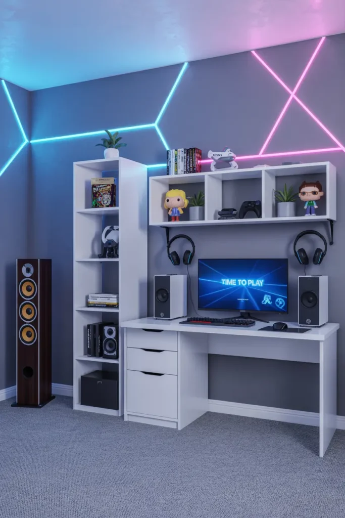 20 Modern Gaming Room Ideas for the Best Setup 35 14. Vibrant Neon Gaming Room with Geometric Design