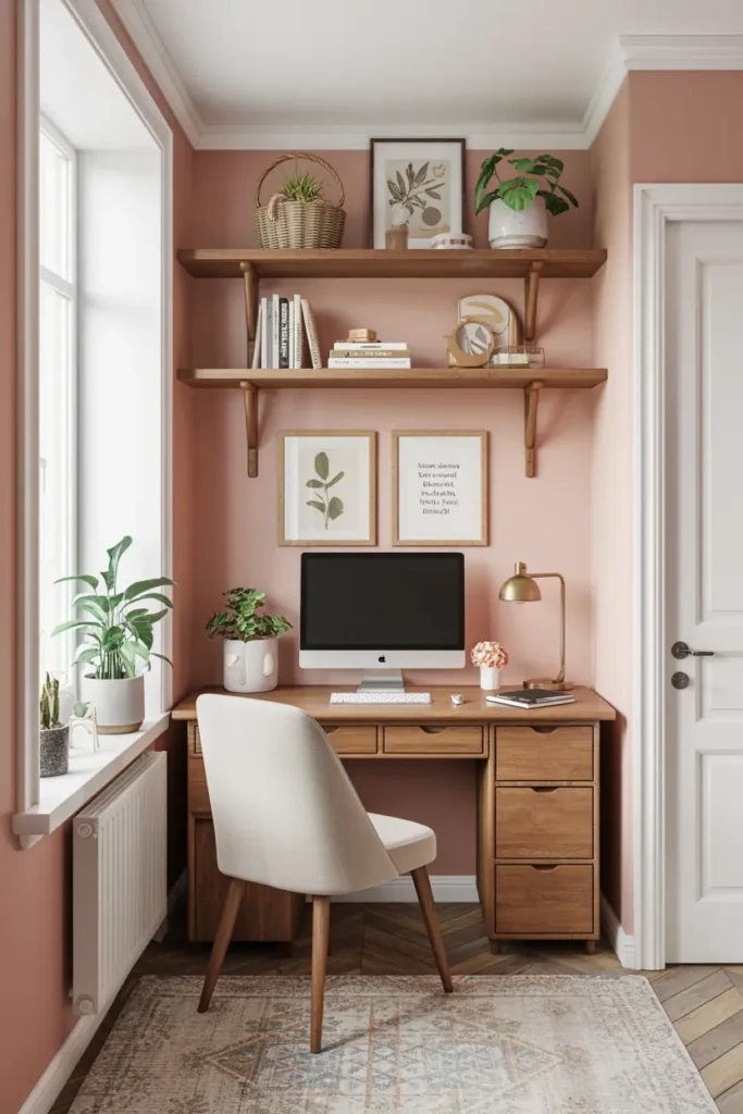 14. Warm Pink Home Office with Wooden Shelves and Plants